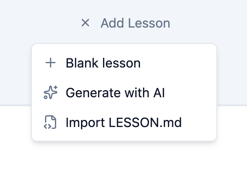 Slate's Add Lesson dialog showing options to create a blank lesson, generate with AI, or import a LESSON.md file